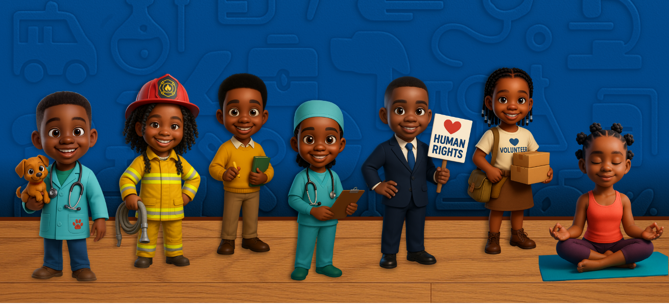 Animated characters in various professions against a blue background with symbols.