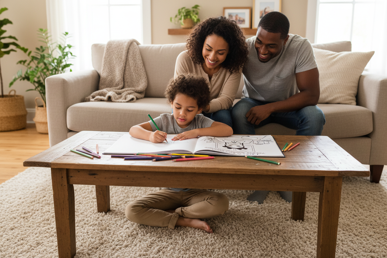 Another variation of child coloring with parents watching